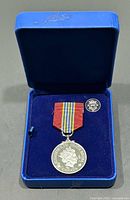 Open presentation case showing medal and lapel pin