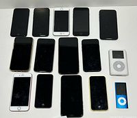 Group shot of 13 iPhones, iPod Classic and blue iPod Nano