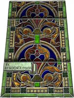 Full view of stained glass panel showing design, colors and inscription