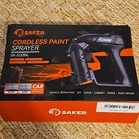 Retail box front showing Saker Cordless Paint Sprayer SK-SG08A branding