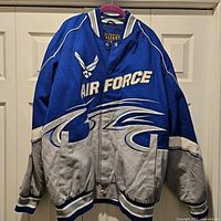 Front view of blue/grey Valiant U.S. Air Force bomber jacket