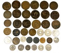 Overall view of 33 assorted foreign coins