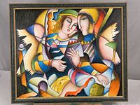 Full view of framed painting showing subject matter and signature