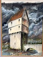 Full view of watercolor showing castle, bridge and sky