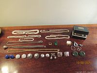 Full layout of necklaces, earrings, ring, brooch and boxed pins