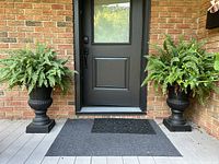Pair of cast iron urns with ferns at doorway