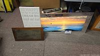 All three pieces: electric beach print with sound unit, quote canvas, metal Asian etching