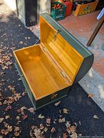 Trunk open showing interior finish and brass hardware
