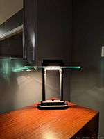 Lamp overall on table, lit, showing design and height