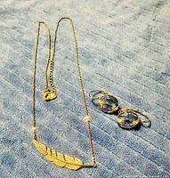 Necklace and earrings full view on fabric background