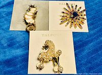 All three Talbots brooches on cards: seahorse, sunburst, poodle