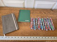 Entire lot showing both notebooks and lineup of pens on desk with ruler for scale