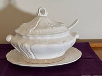 full view of assembled tureen on platter with ladle