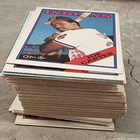 Stack of baseball cards, Joe Carter card on top