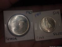 1967 silver dollar and half dollar in 2×2 flips, wildlife reverse sides visible