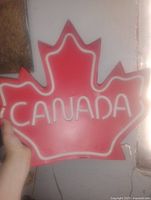 Front view of red maple leaf neon sign with CANADA lettering