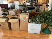 Multiple cardboard boxes labeled for each tree with branch sections visible