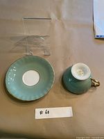 Top view of saucer and upside-down teacup showing exterior color