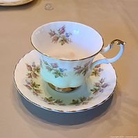 Teacup on saucer, full view showing pattern and gold trim
