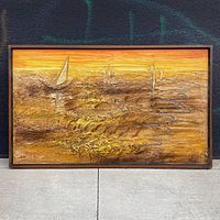 Full view of framed Van Hoople sailboat sunset impasto painting