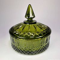 Full view of covered candy dish showing shape and pattern