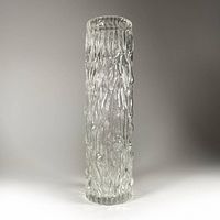 Full upright view of clear bark textured cylindrical vase
