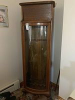 Full front view of tall wooden display cabinet with curved glass door