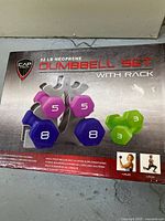 Retail box showing CAP 32-lb neoprene dumbbell set with rack