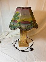 Full view of table lamp showing painted shade, wood base and power cord