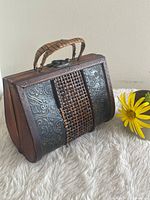 Full view of wooden box purse showing materials and size