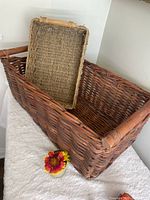 Overview of both baskets, large basket lying flat, small tray resting inside