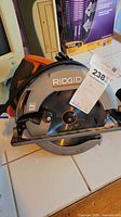 Front view showing Ridgid logo, magnesium guard and blade