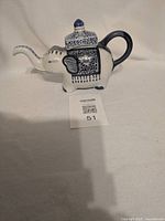 Left profile of ceramic elephant teapot with lid on