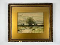 Full view of framed watercolor in gold frame and mat