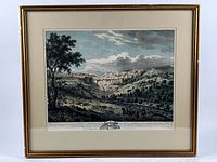 Full view of framed engraving with mat and gilt frame