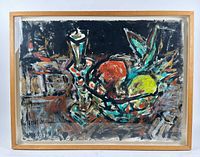 Frontal view of the framed painting showing entire artwork and oak frame