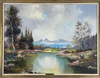 Front view of painting showing landscape scene and water reflection