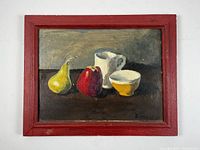 Front view of framed still life painting showing pear, apple, mug, bowl