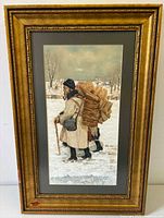 Frontal view of framed gouache painting showing artwork and gilt wood frame