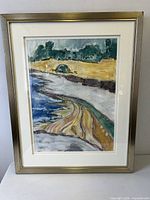Full view of framed pastel artwork inside silver frame with mat