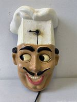 Front view of Chef Luigi clock showing dial, eyes, cord