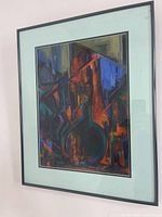 Front view of framed abstract oil painting showing artwork, mat and frame