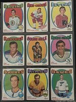 Fronts of all nine 1971-72 O-Pee-Chee hockey cards