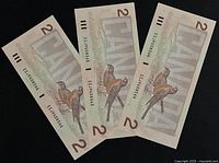 Back of three $2 banknotes showing American robins and serial numbers ECU408564-566