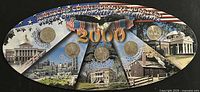 Front of display showing five 2000 state quarters and patriotic artwork