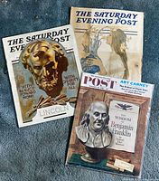Three Saturday Evening Post magazines laid out showing front covers