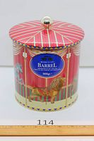 Front view showing biscuit barrel label and lion image