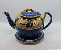 Side view of teapot on trivet showing color scheme and condition