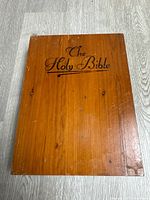 Top view of wooden box with inscription