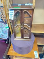 Full view of jewellery box on top of purple hat box